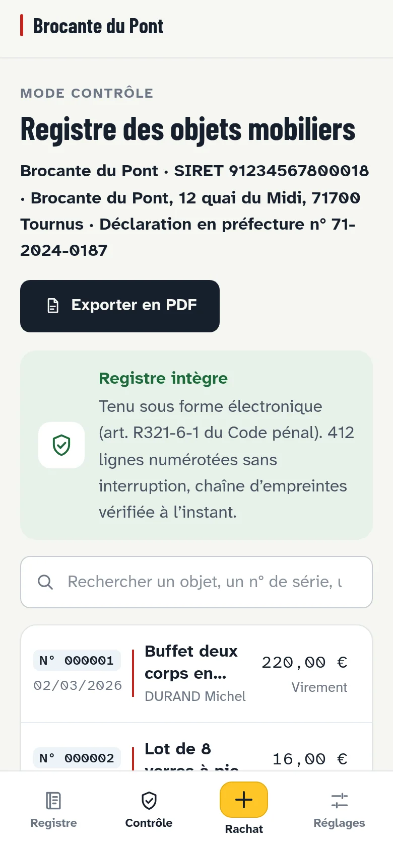 Mode contrôle sur téléphone : registre intègre, 412 lignes