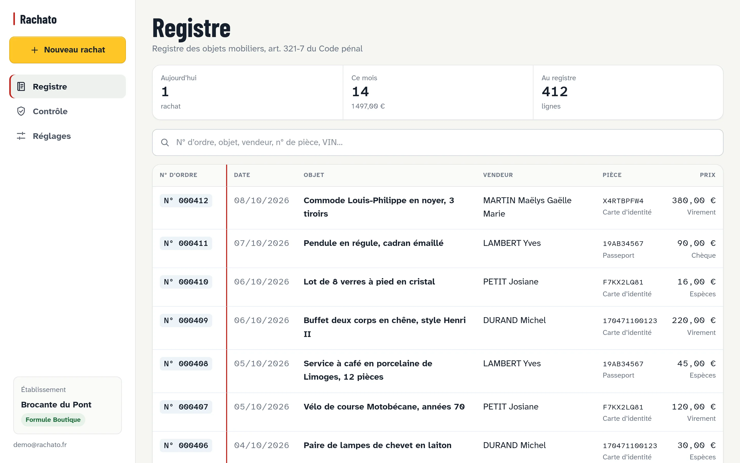 Le registre de la Brocante du Pont sur ordinateur : 412 lignes, recherche et chiffres du mois